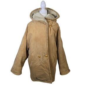 Vintage Express Avenue de l Opera Tan Leather Hooded Faux Fur Lined Parka Coat S
